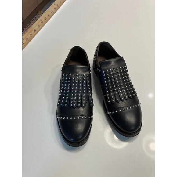 BOEMOS Black Silver Leather Studded Fringe Wingtip Slip On Loafers Size 36 - Picture 5 of 13